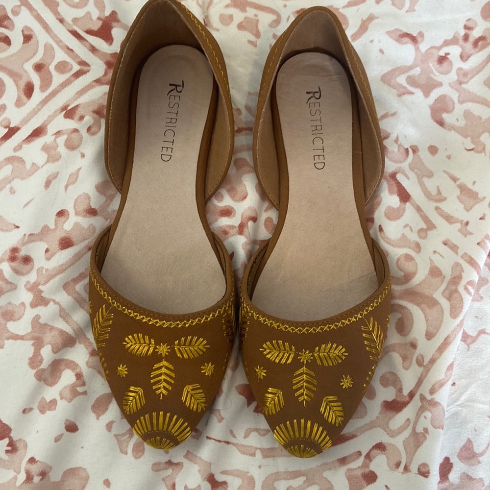 Embroidered Gold And Tan Flats